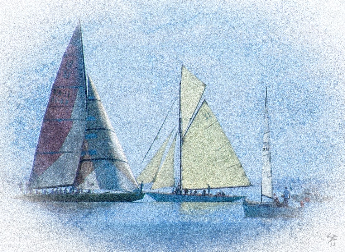 Photo of vintage racing yachts on Corio Bay, Geelong. Artificially distressed and edited to look like a pastel sketch.